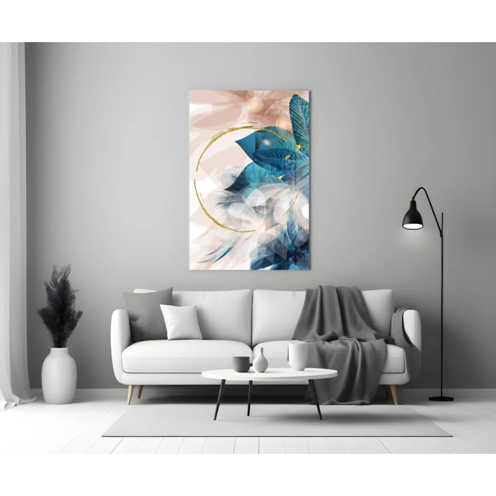 Stylized blue teal leaves with gold accents on pink white canvas wall art