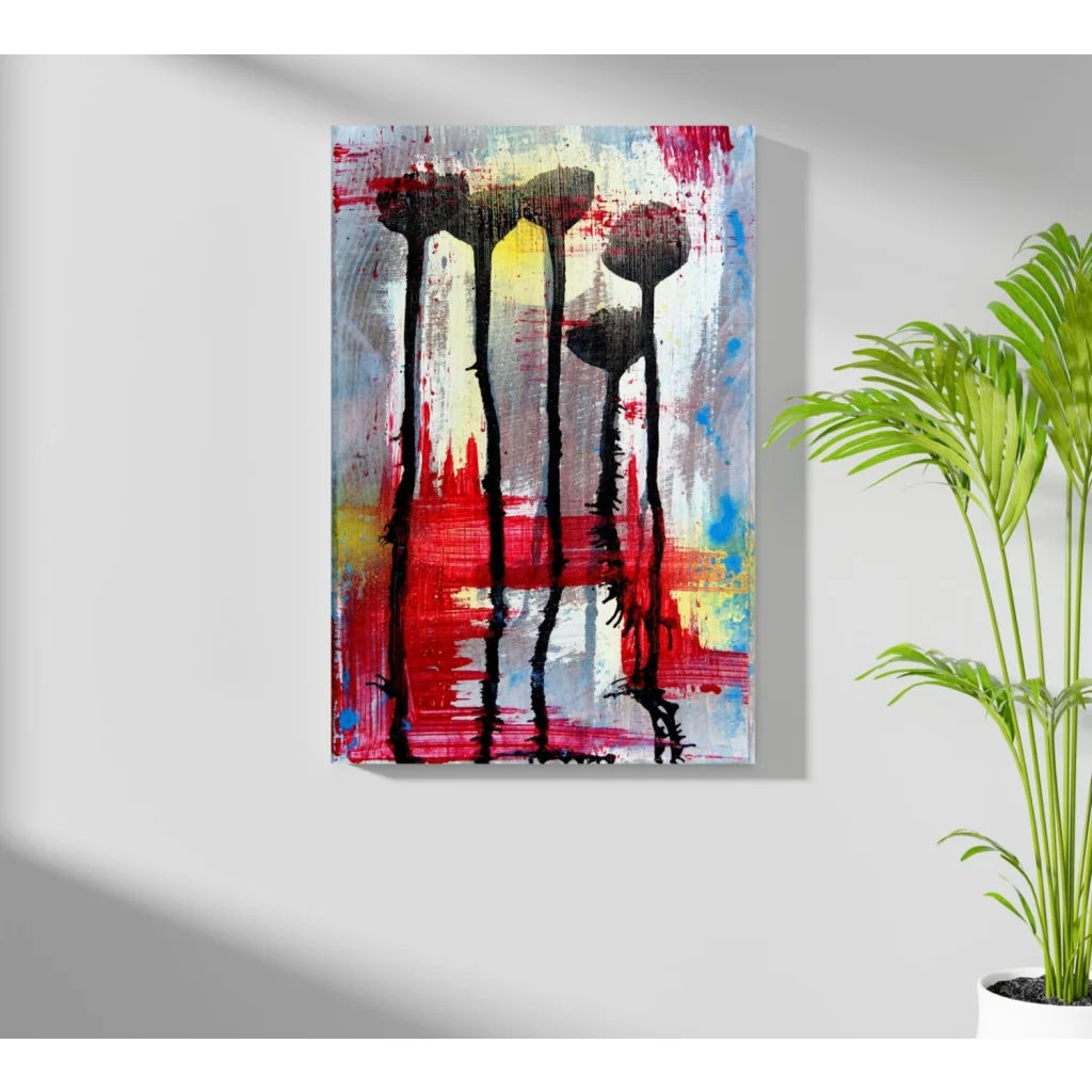 Bold floral insigne aluminum print with black silhouettes on vibrant red yellow blue background