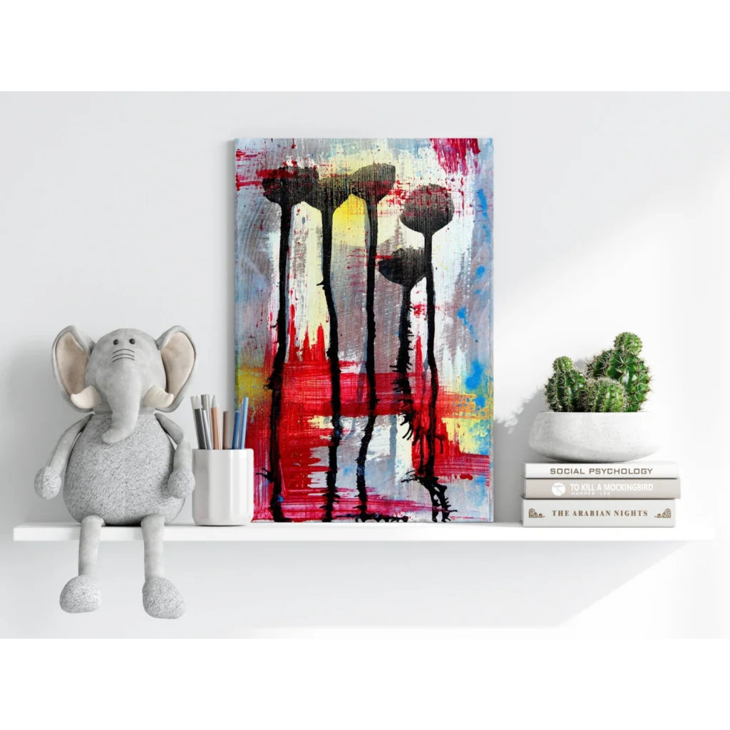 Bold floral insigne aluminum print with black drips on vibrant red, yellow, blue background