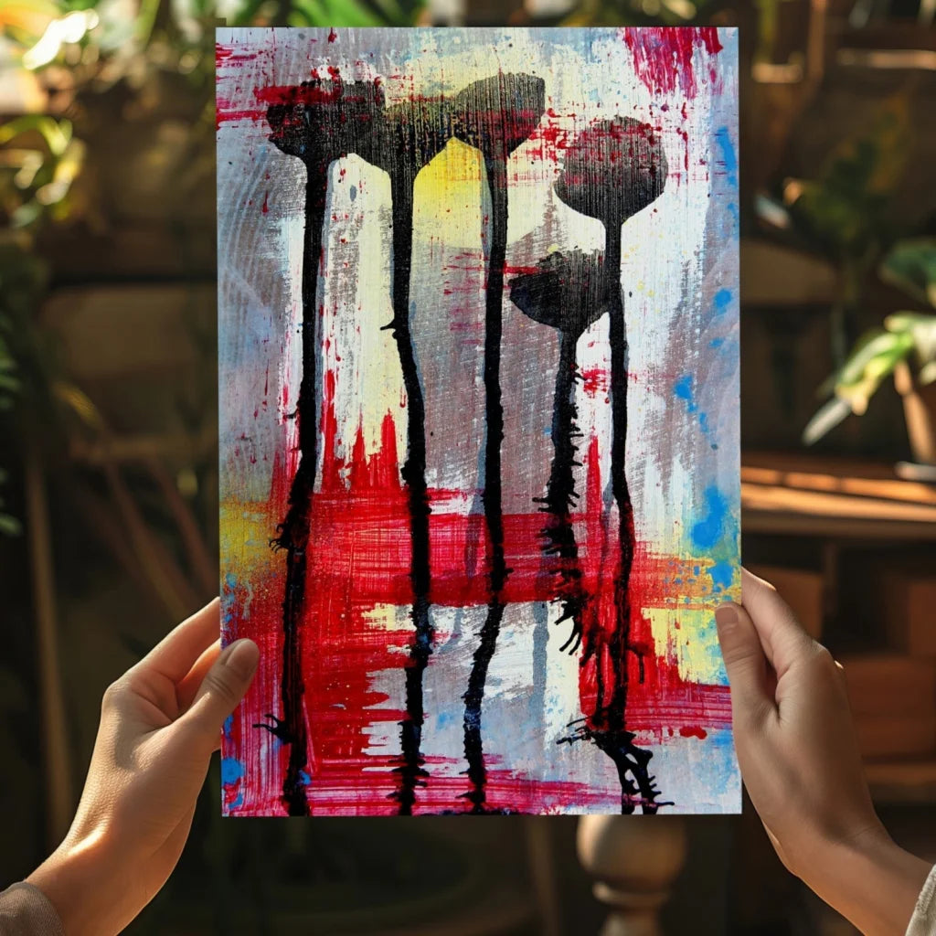Bold Floral Insigne Aluminum Print with abstract black, red, yellow brushstrokes