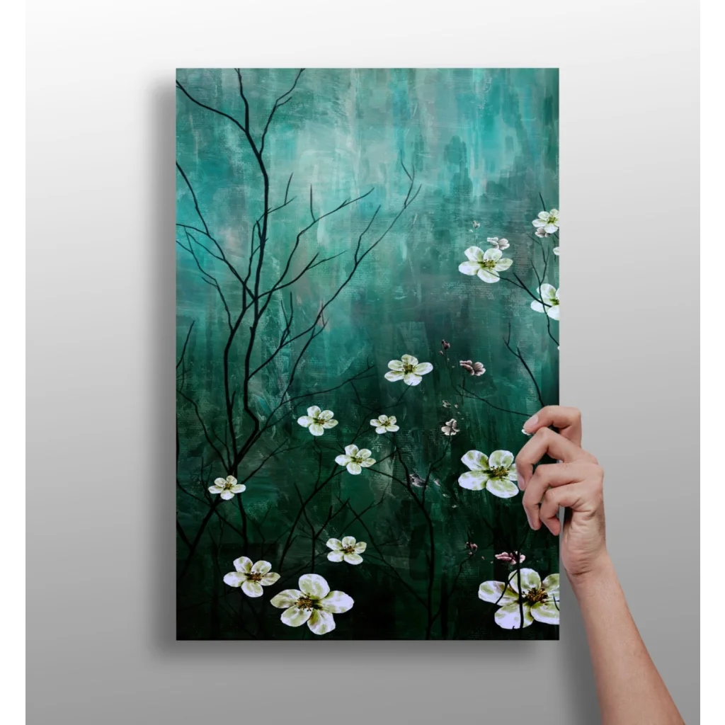 White Blossom Teal Insigne Aluminum Prints Modern Wall Art | Insigneart USA | vintageantiquesgifts.com
