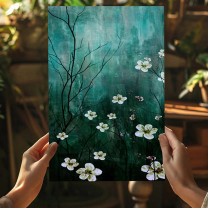 White blossom teal insigne aluminum print with delicate flowers