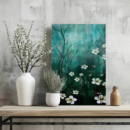 White Blossom Teal Insigne Aluminum Prints Modern Wall Art | Glass Wall Art Print | vintageantiquesgifts.com