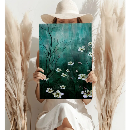 White Blossom Teal Insigne Aluminum Prints Modern Wall Art | Contemporary Home Wall Art | vintageantiquesgifts.com