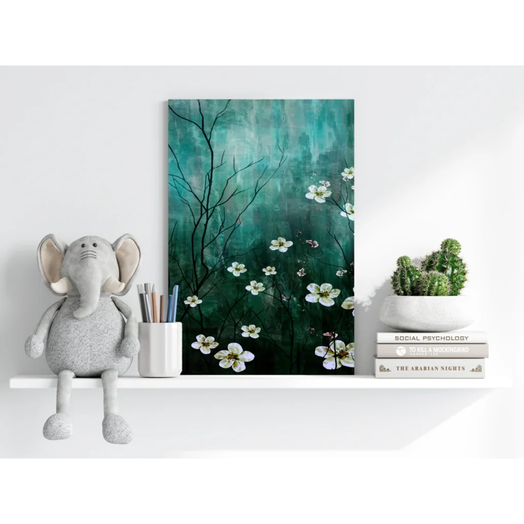 White blossoms on teal-green gradient in Insigne aluminum prints wall art