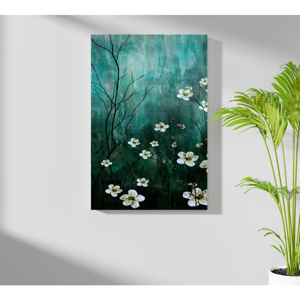 White blossoms on teal insigne aluminum prints wall art