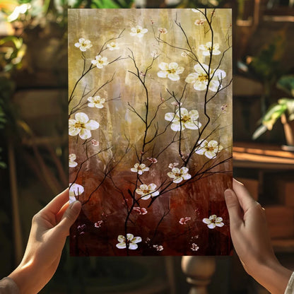 White blossoms on insigne aluminum prints, beige-brown textured background