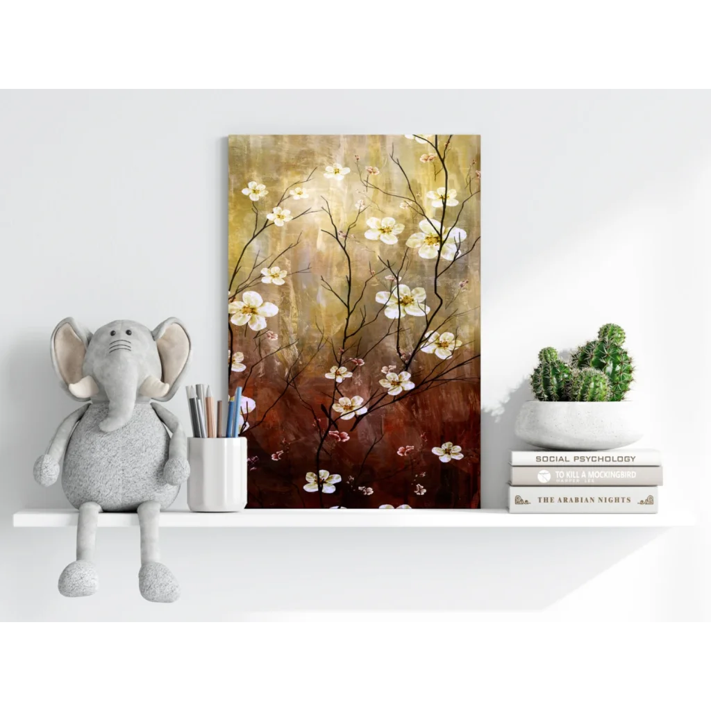 Delicate white blossoms on dark branches, insigne aluminum print