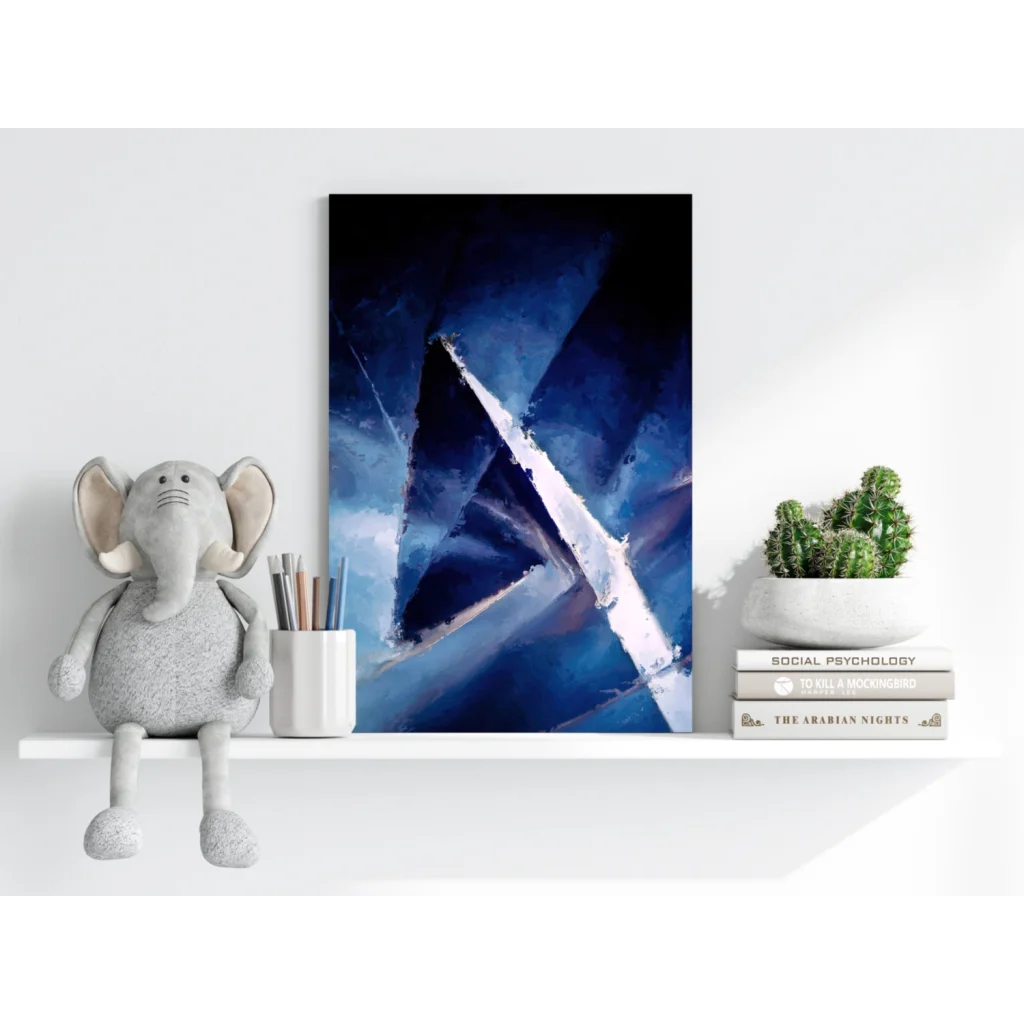 Bold blue triangle insigne aluminum print with geometric shapes