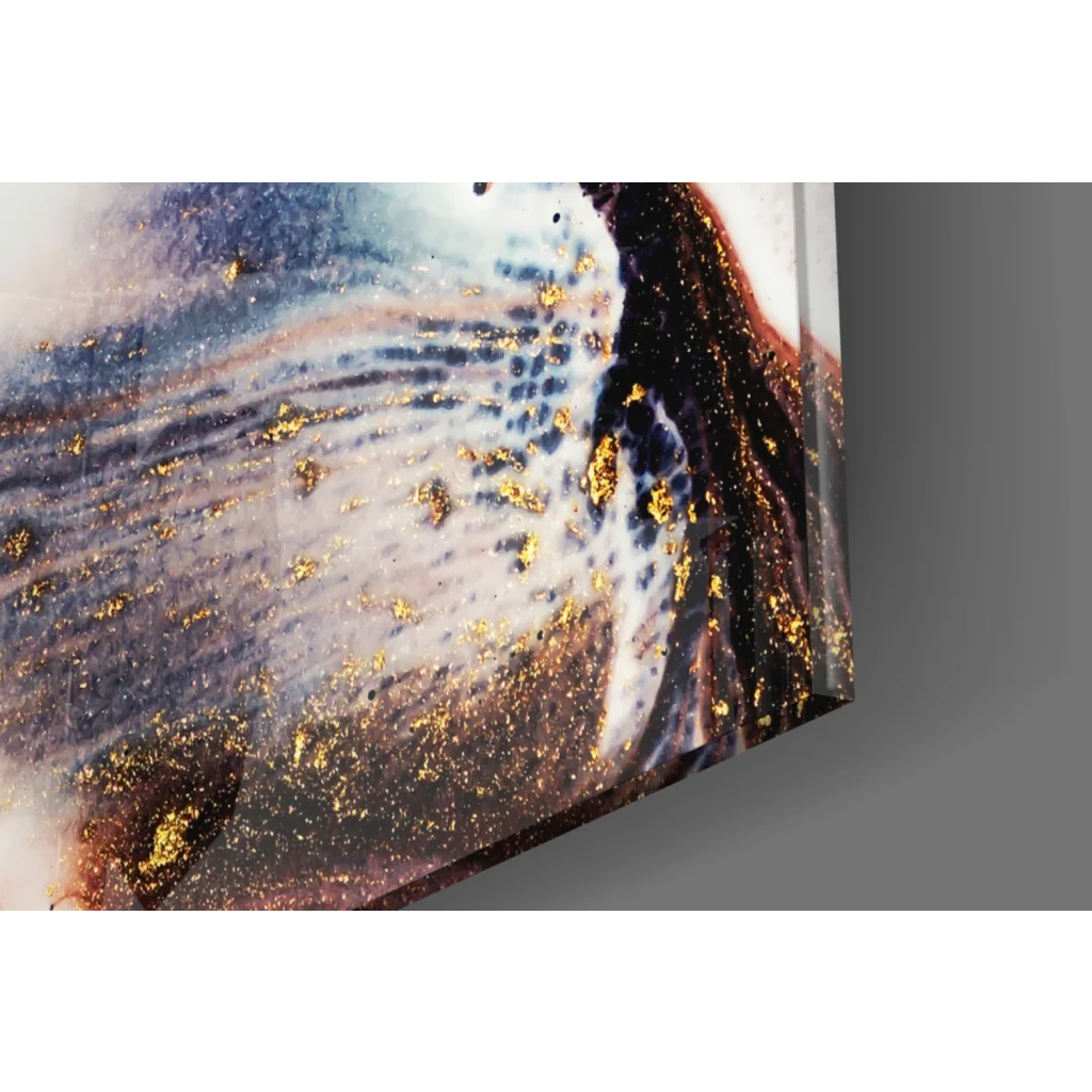 Swirling marble glass wall art with blue, white, brown gradients and gold glitter