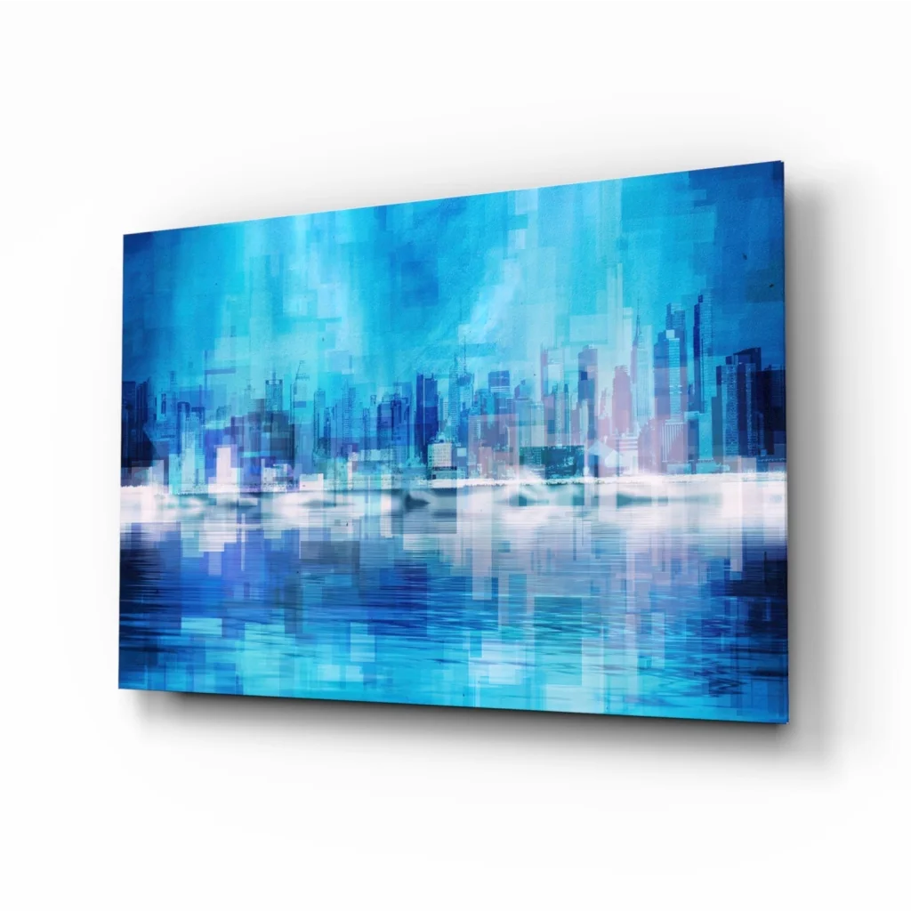 Pixelated Blue City Skyline Glass Wall Art Canvas | Insigneart USA | vintageantiquesgifts.com