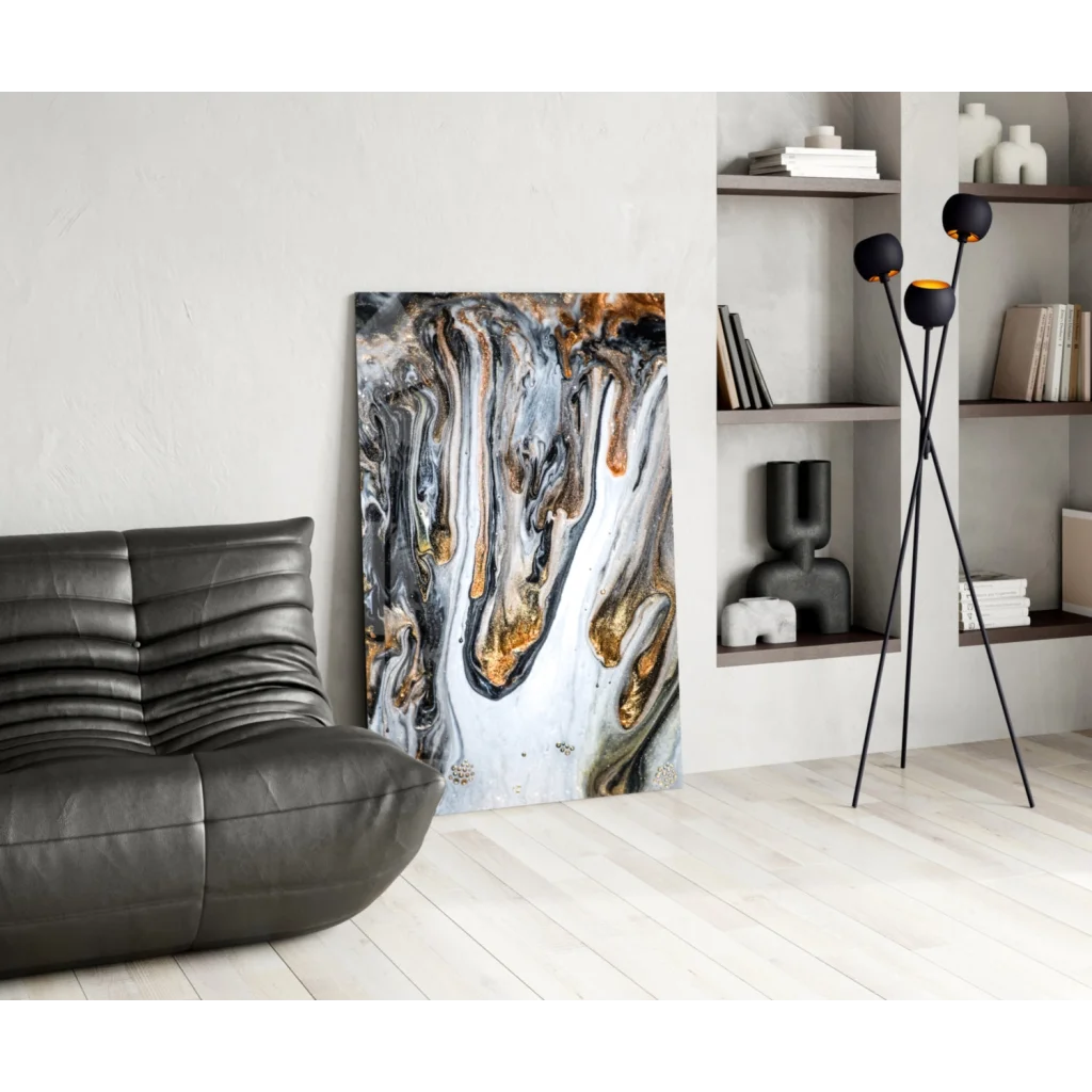 Luxe Gold Marbled abstract canvas wall art with swirling black, white, gold patterns