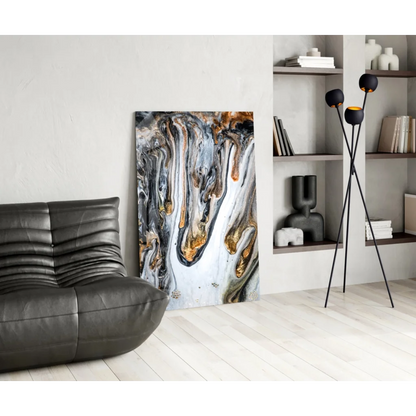 Luxe Gold Marbled abstract canvas wall art with swirling black, white, gold patterns