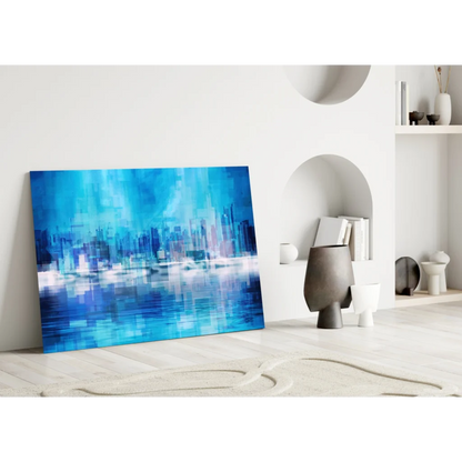 Pixelated Blue City Skyline Glass Wall Art Canvas | Modern Wall Art Decor | vintageantiquesgifts.com