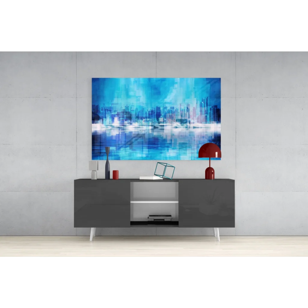 Vibrant pixelated blue city skyline glass wall art canvas with water effects