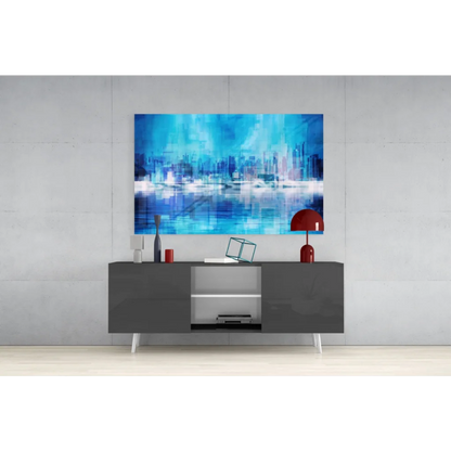 Vibrant pixelated blue city skyline glass wall art canvas with water effects