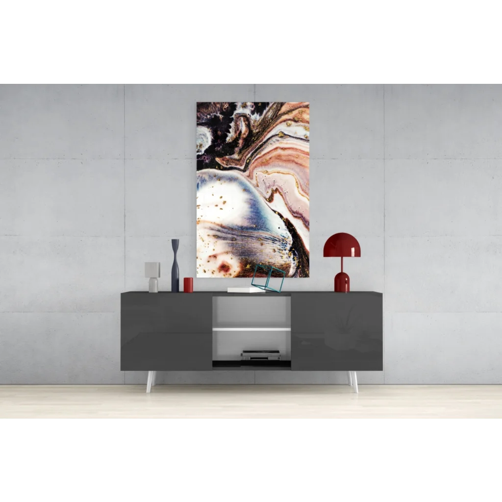 Swirling marble glass wall art with gold glitter accents in black, white, pink, blue hues