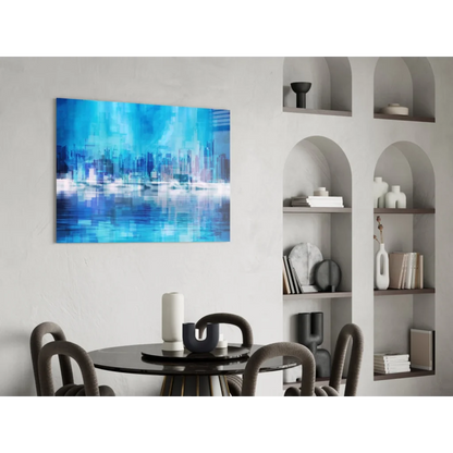 Vibrant blue pixelated city skyline glass wall art canvas with reflective water effects