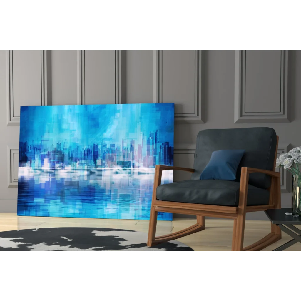 Blue pixelated city skyline glass wall art canvas with reflective water effects