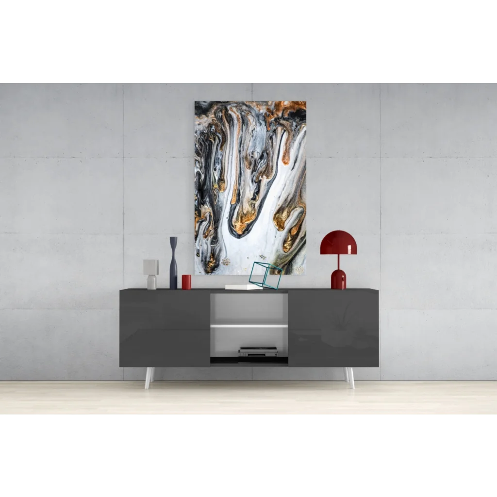 Luxe Gold Marbled abstract canvas wall art with swirling black, white, gold patterns