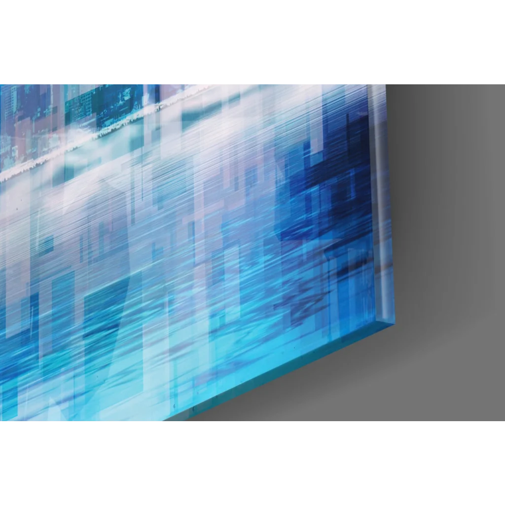 Pixelated blue city skyline glass wall art canvas with glossy digital finish