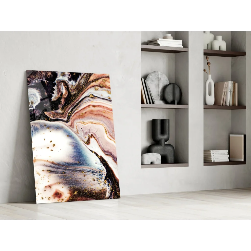 Abstract swirling marble glass wall art with gold glitter accents