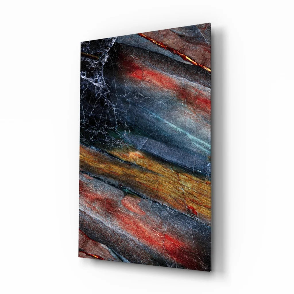 Fiery abstract glass wall art with swirling blue, red, gold hues