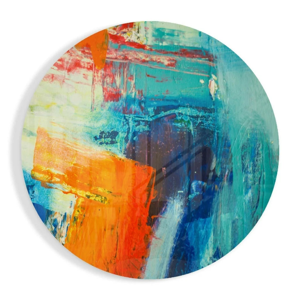 Vibrant circular tempered glass art with bold teal, orange, red, blue strokes