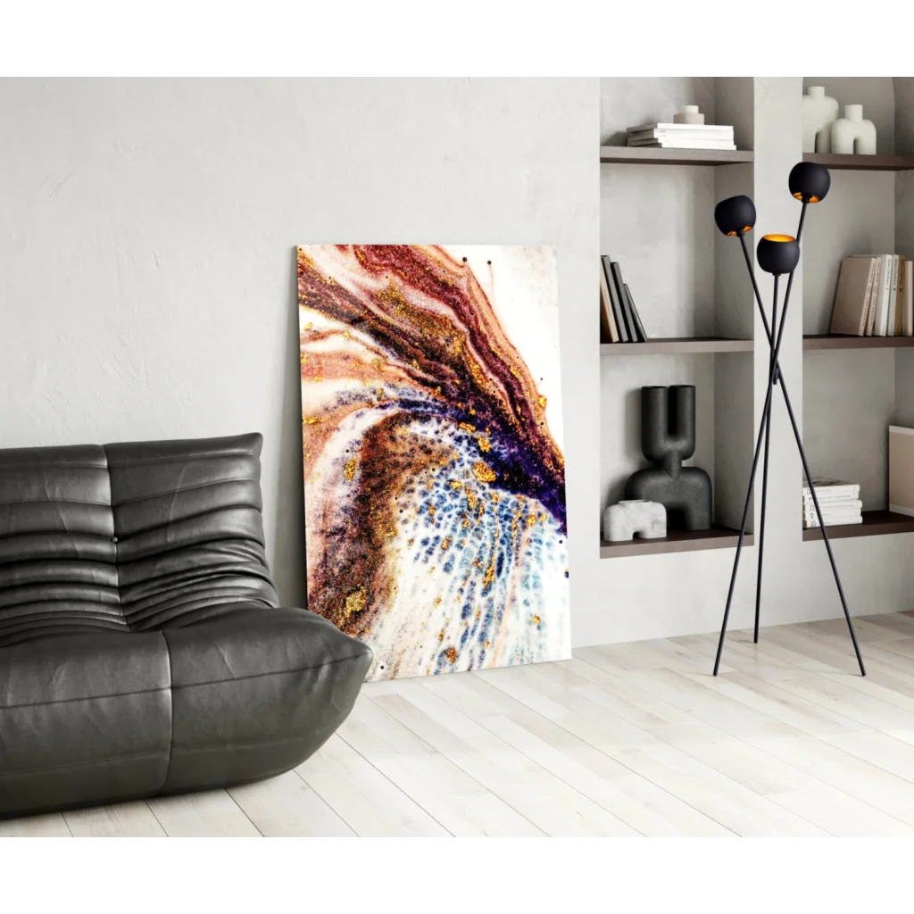 Swirling copper gold purple abstract wall art canvas with vibrant patterns