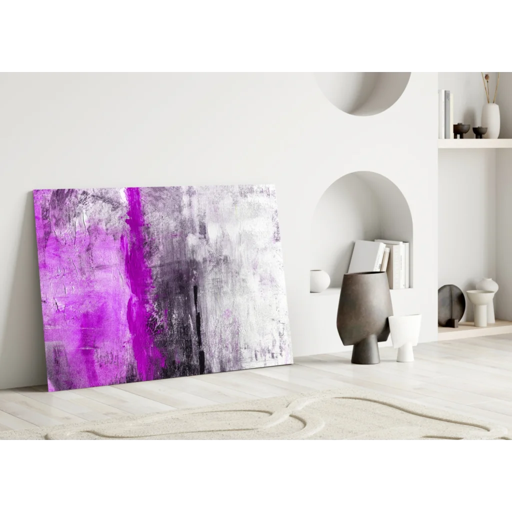 Vibrant purple and gray abstract canvas wall art with bold textured brushstrokes