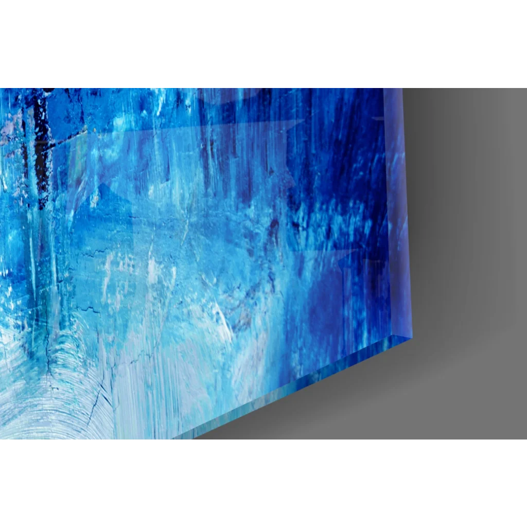 Vibrant blue abstract glass wall art with textured brushstroke layers