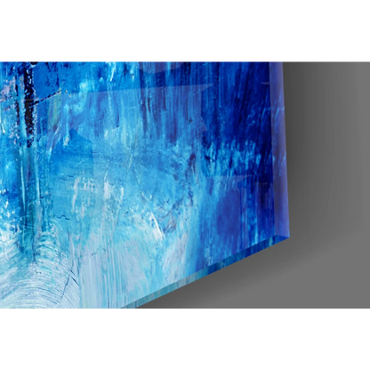 Vibrant blue abstract glass wall art with textured brushstroke layers