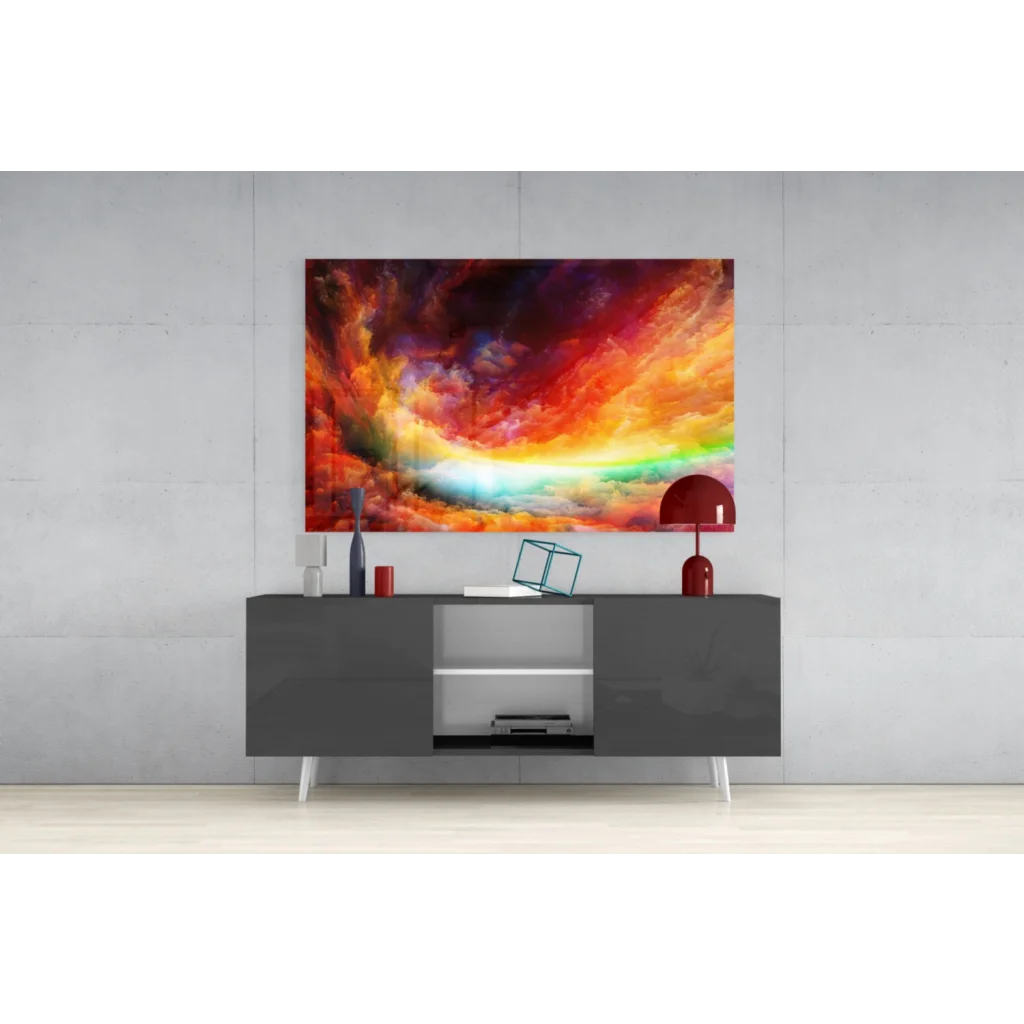 Vibrant abstract glass wall art with swirling red, orange, rainbow clouds