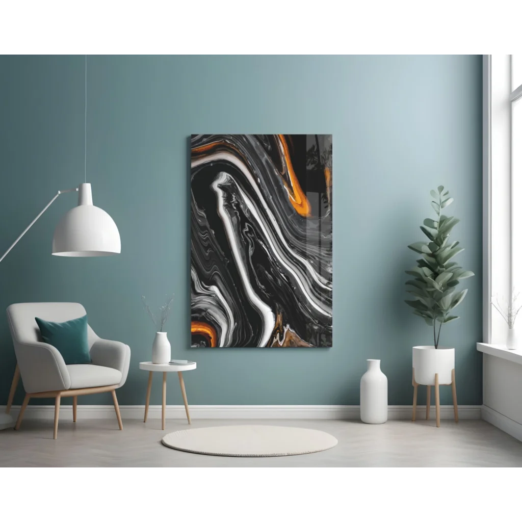 Swirling orange marble abstract wall art canvas with black and white patterns