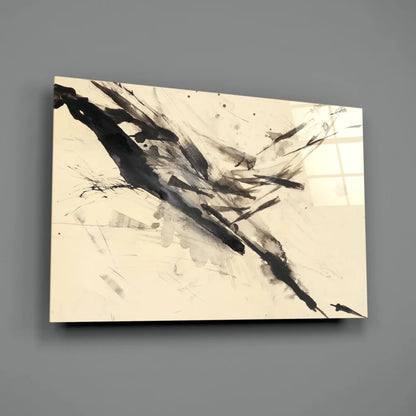 Bold abstract glass wall art with black brushstroke inkblot on cream