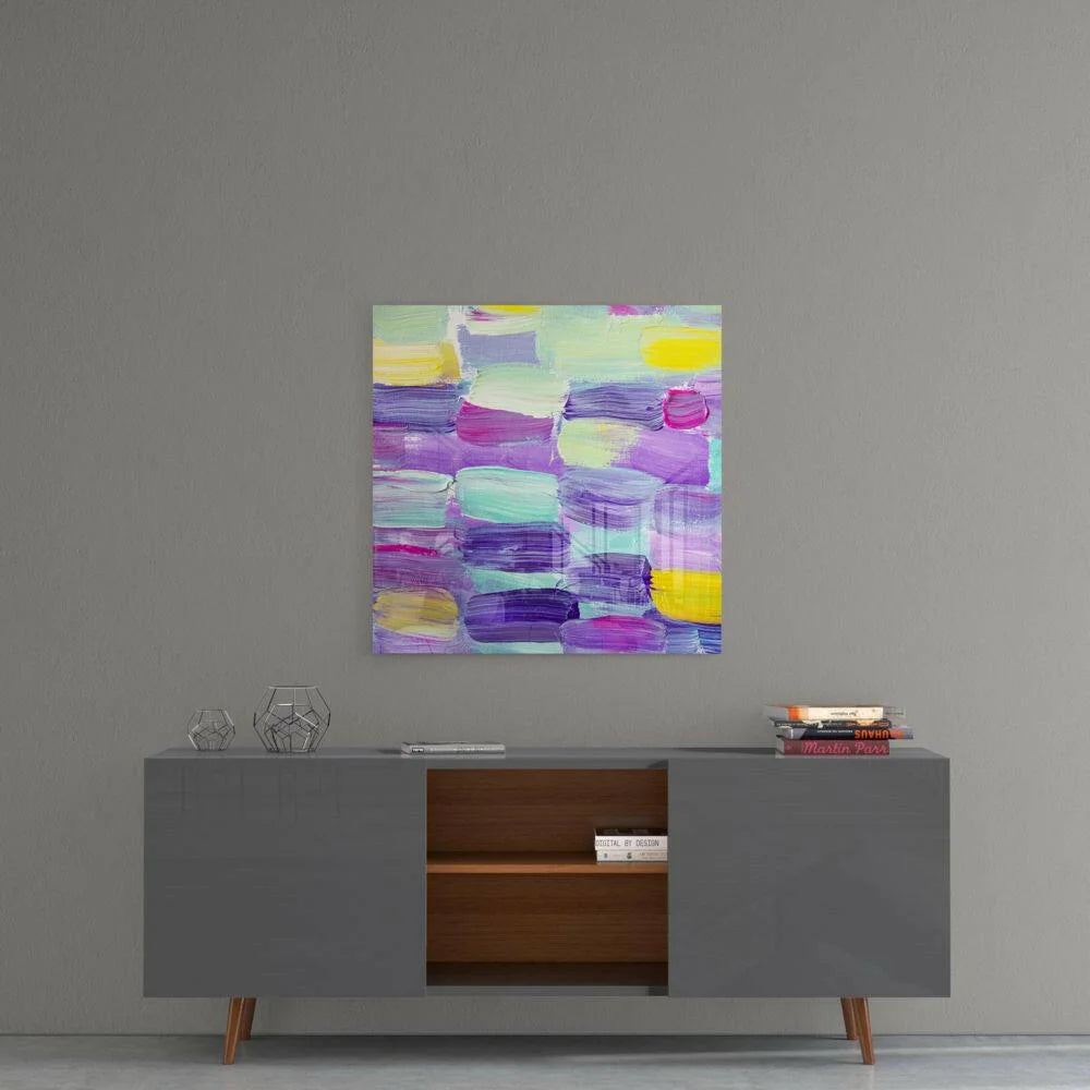 Vibrant purple teal yellow abstract wall art on square canvas