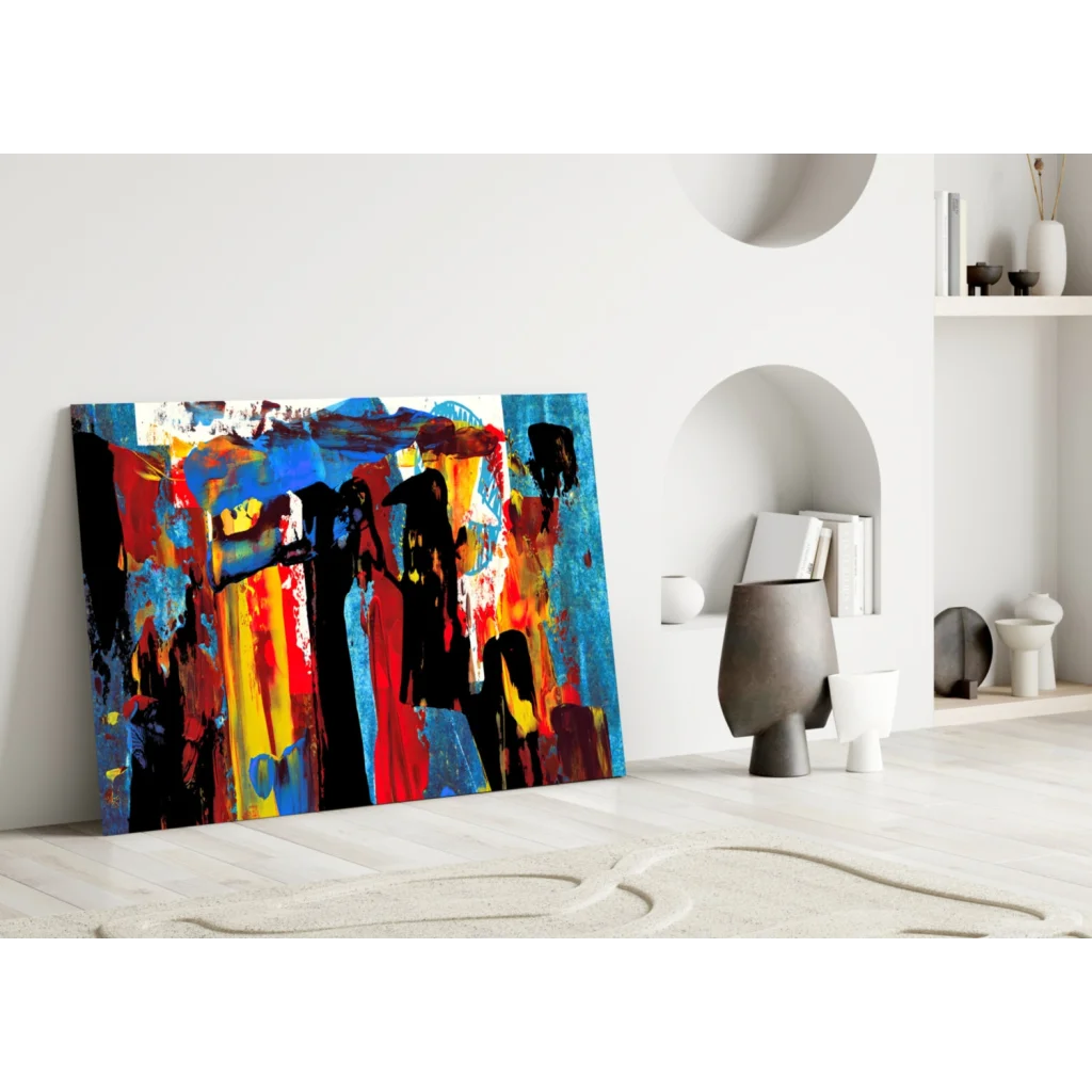Vibrant abstract premium tempered glass wall art with bold blue, red, yellow, black strokes