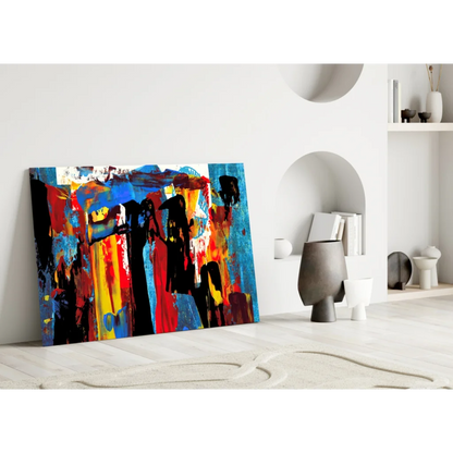 Vibrant abstract premium tempered glass wall art with bold blue, red, yellow, black strokes