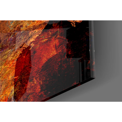 Vibrant abstract glass wall art with fiery reds, oranges, and blacks
