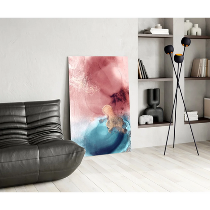 Stunning pink blue gold abstract canvas wall art with swirling gradients