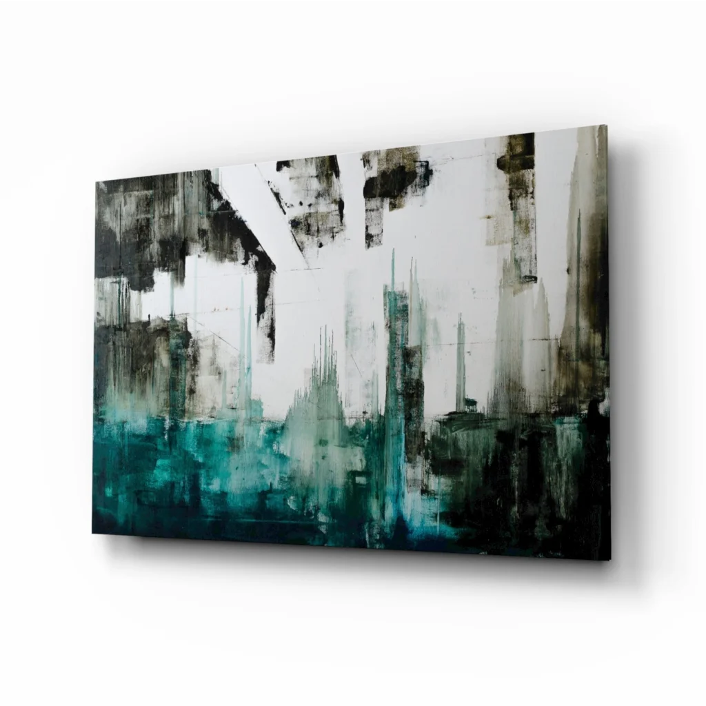 Bold teal and black abstract wall art canvas with urban skyline motif