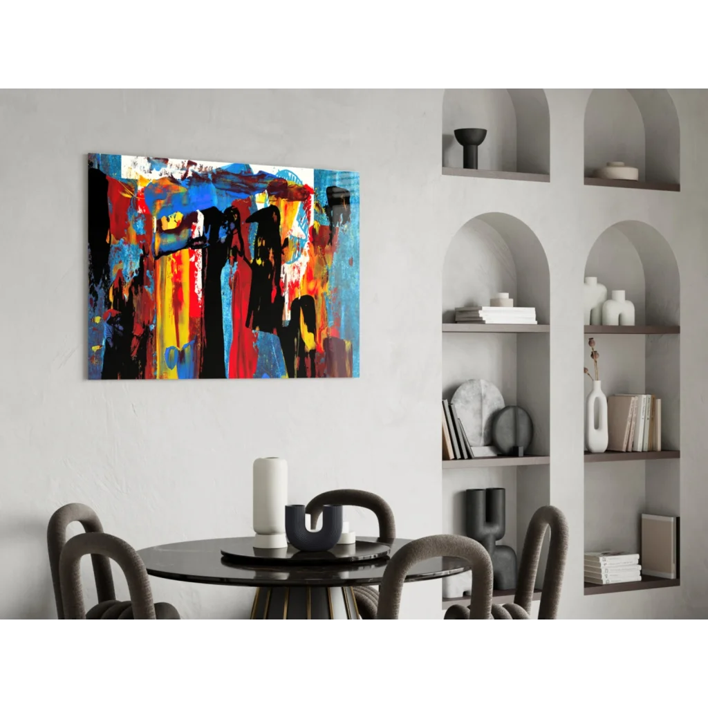 Vibrant abstract premium tempered glass wall art with bold red, blue, yellow, black strokes
