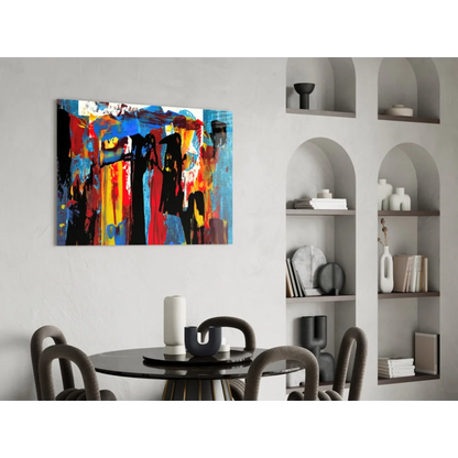 Vibrant abstract premium tempered glass wall art with bold red, blue, yellow, black strokes
