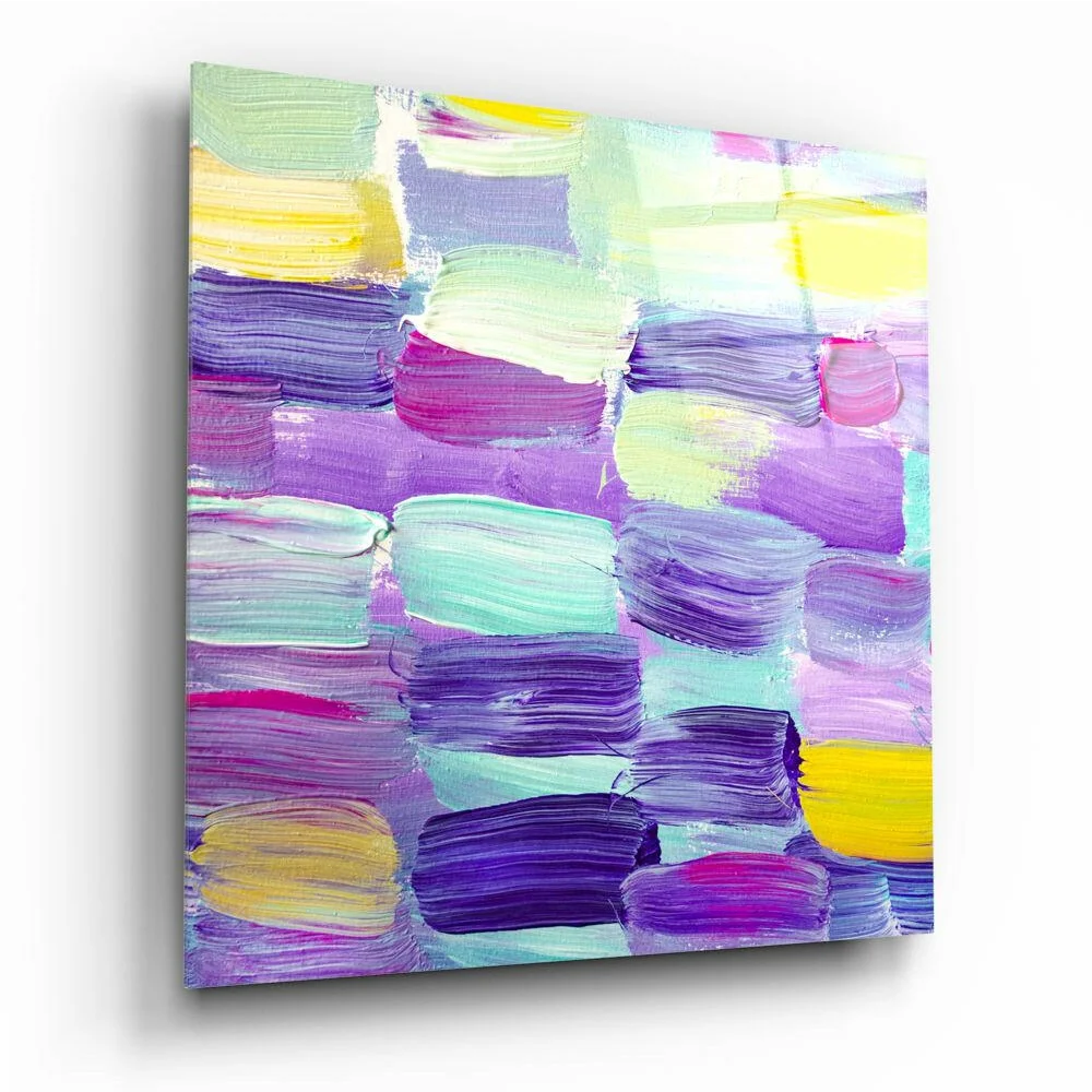 Vibrant purple teal yellow abstract canvas wall art with bold brushstrokes