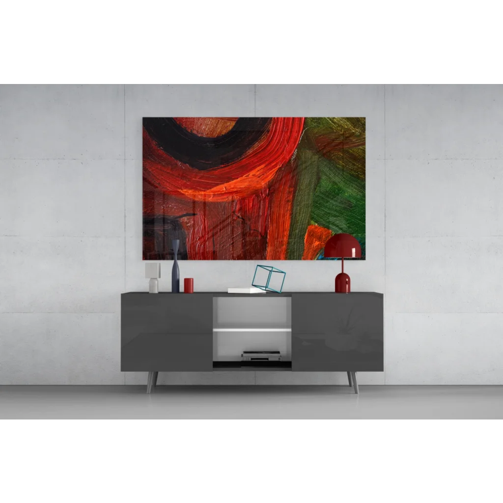 Vibrant bold red black green abstract wall art canvas above gray console