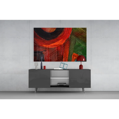 Vibrant bold red black green abstract wall art canvas above gray console