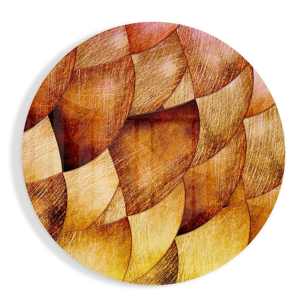 Stunning amber mosaic tempered glass art circle with interlocking textured segments in warm brown and gold tones