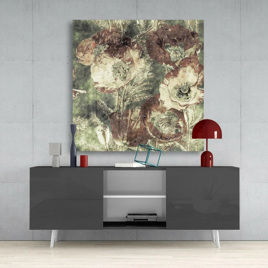 Vintage floral glass wall art with textured poppies in earthy tones