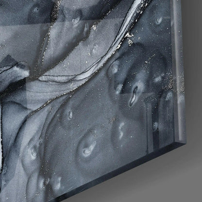 Abstract black silver swirl glass wall art with glossy resin textures