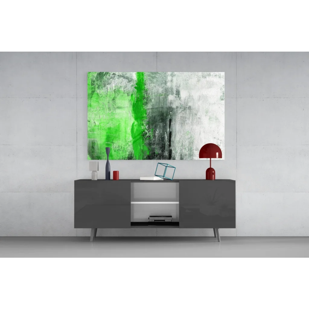 Vibrant green white textured abstract canvas wall art with bold brushstrokes